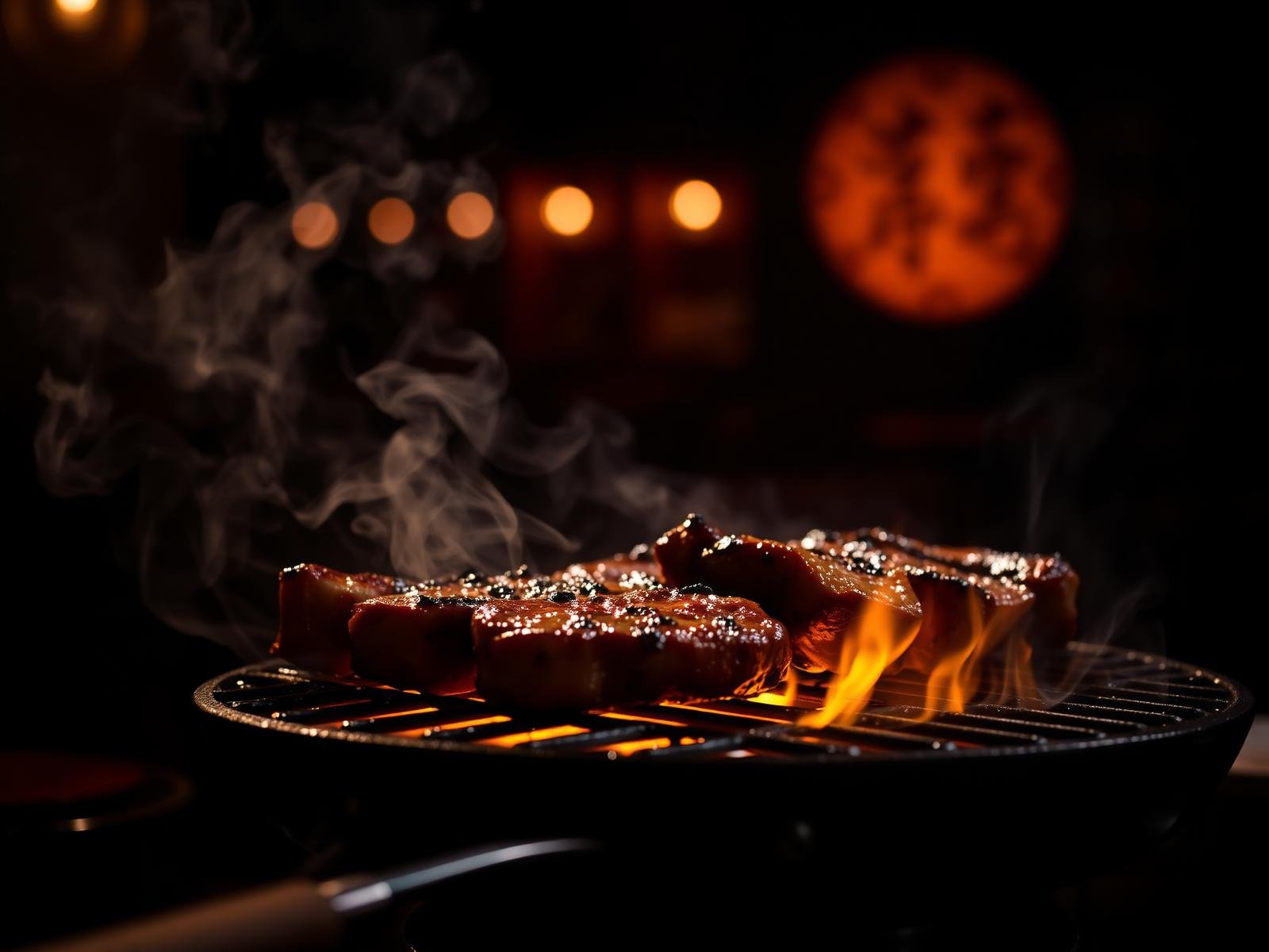 Parrilla asiática con carne marinada y humo